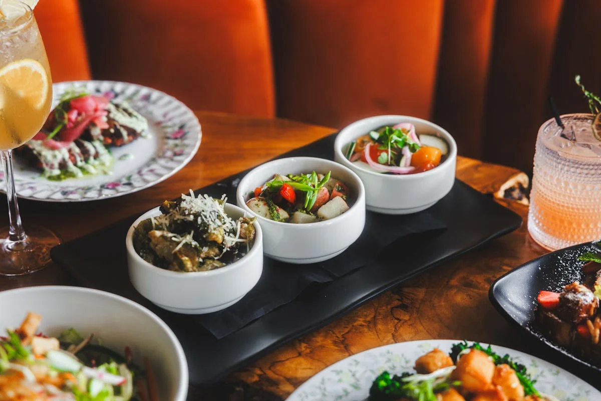 Assorted Mediterranean mezze served in small bowls