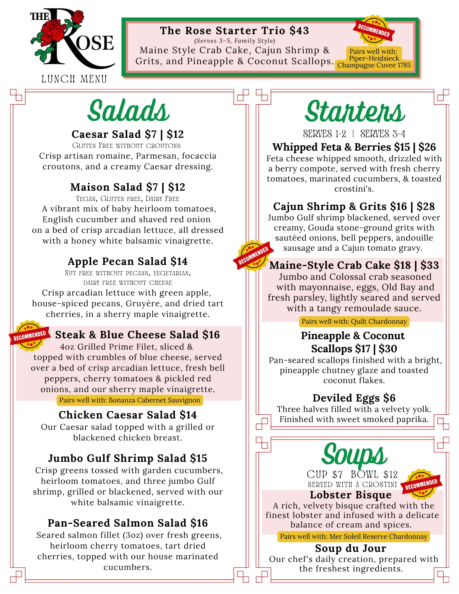 Lunch menu featuring seafood and salads at The Rose Plantation