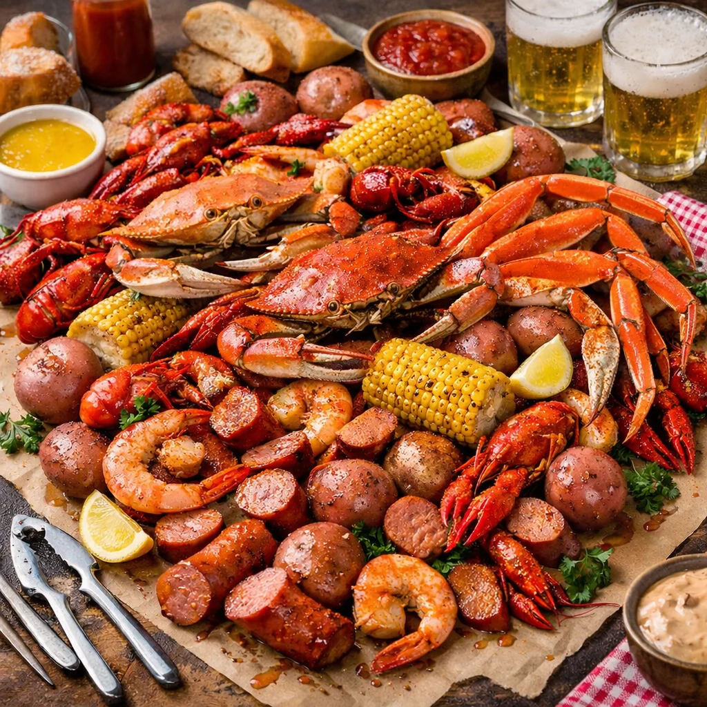 Southern seafood boil with crab, shrimp, and sausage