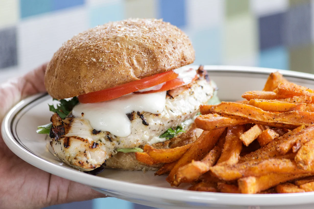 Grilled chicken sandwich with sweet potato fries
