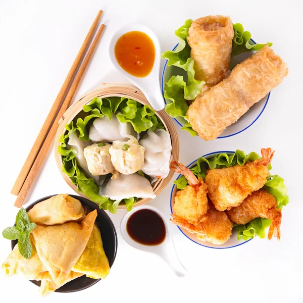 Assorted Asian dim sum platter with shrimp and vegetable dumplings