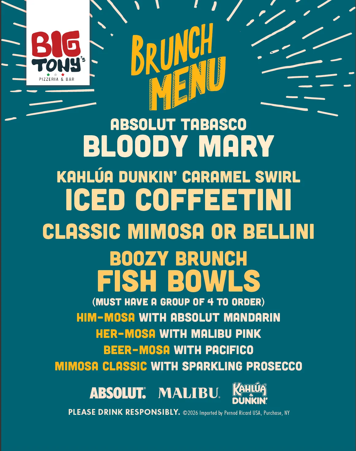 Brunch menu featuring cocktails and fish bowls at a pizzeria