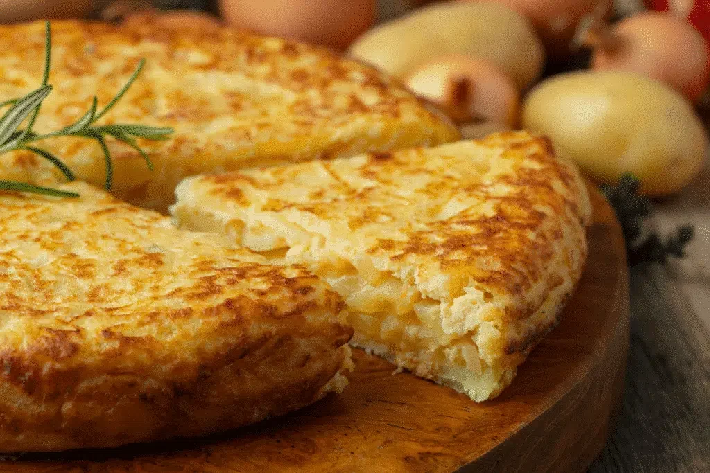 A close-up of a traditional Spanish tortilla on a wooden board, showcasing its golden crust and soft interior, surrounded by ingredients like eggs and potatoes.