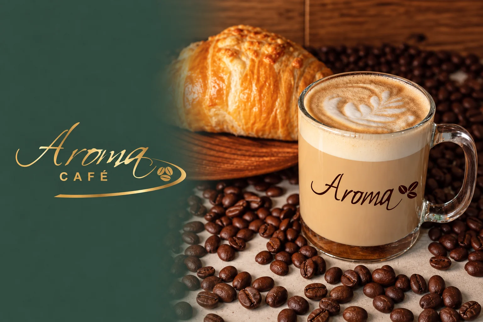 Artisan coffee with latte art and a croissant on coffee beans