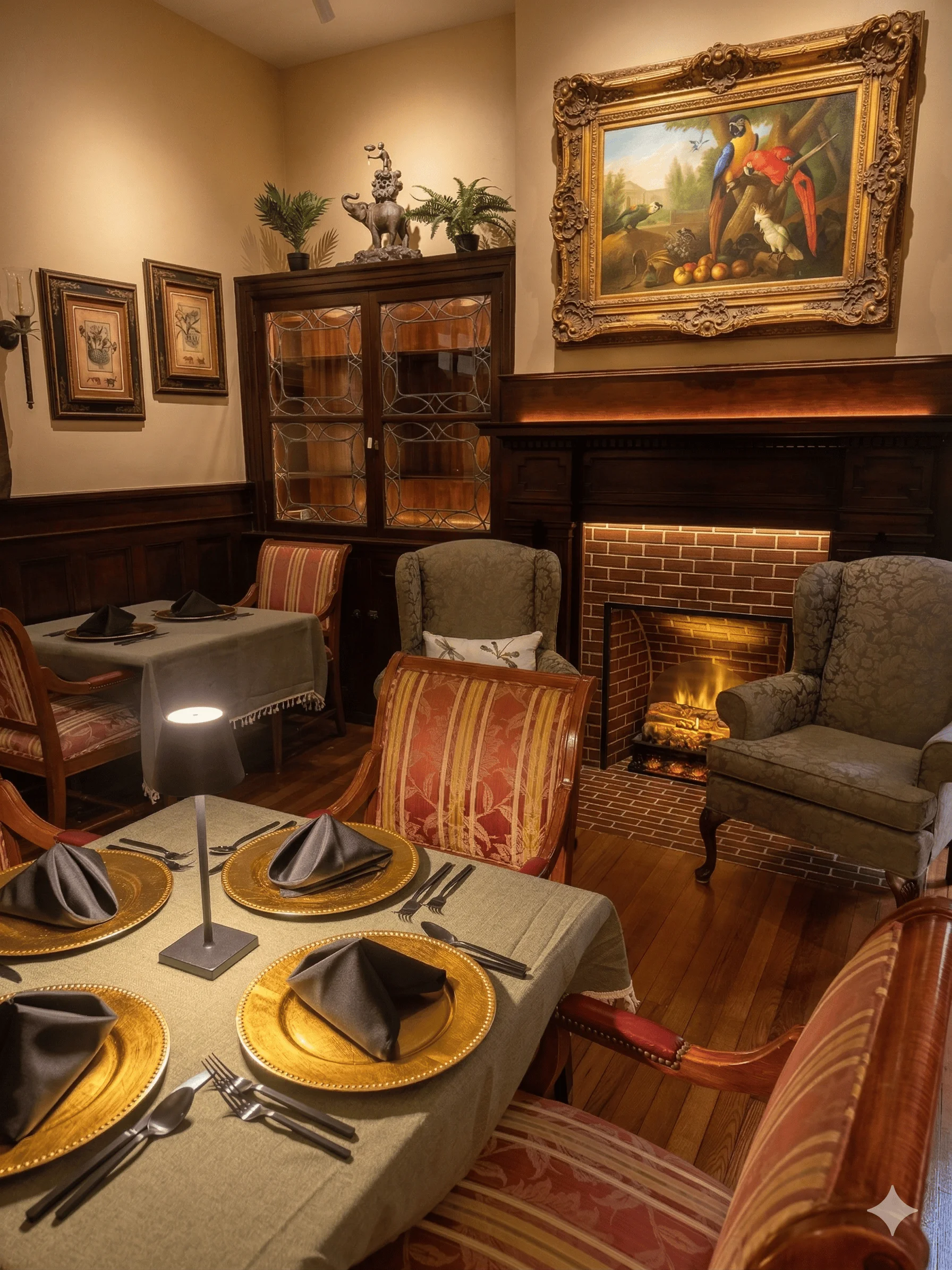 An intimate dining space featuring a fireplace, framed art, and an elegant table setting with gold chargers and black napkins.