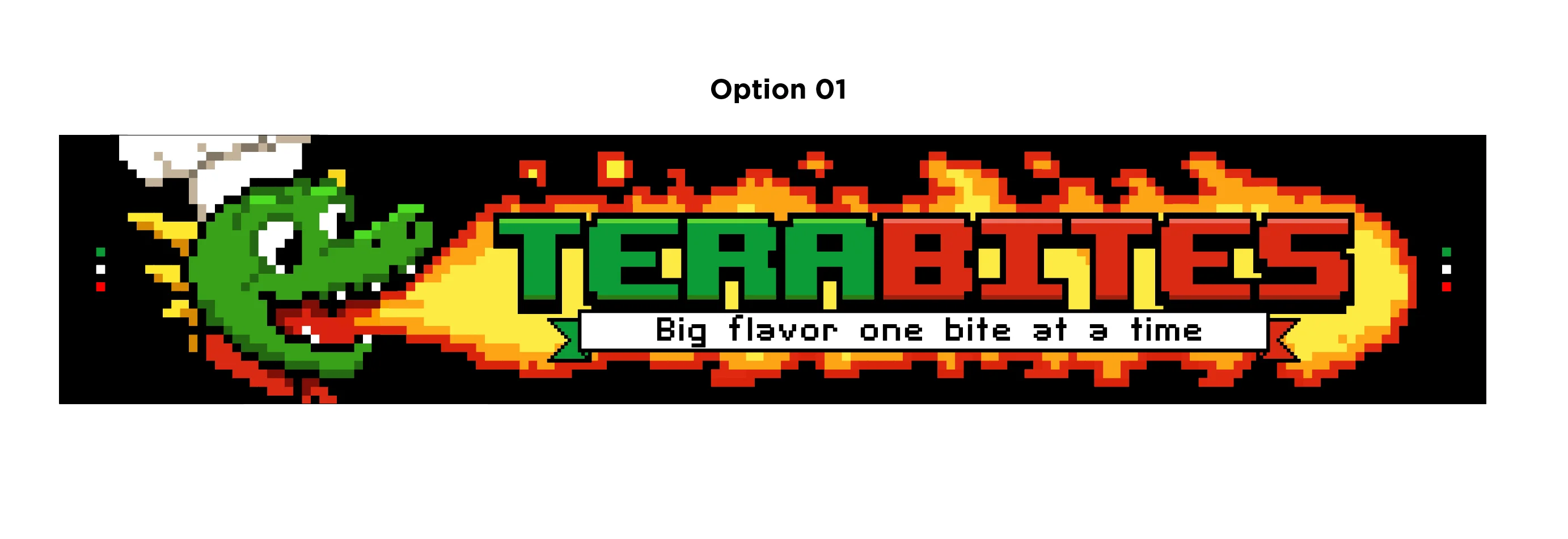 A vibrant logo showcasing a smiling pixelated dragon chef with flames and the text 'TERABITES' along with 'Big flavor one bite at a time'. The dragon's characteristics are highlighted in a fun and colorful design.