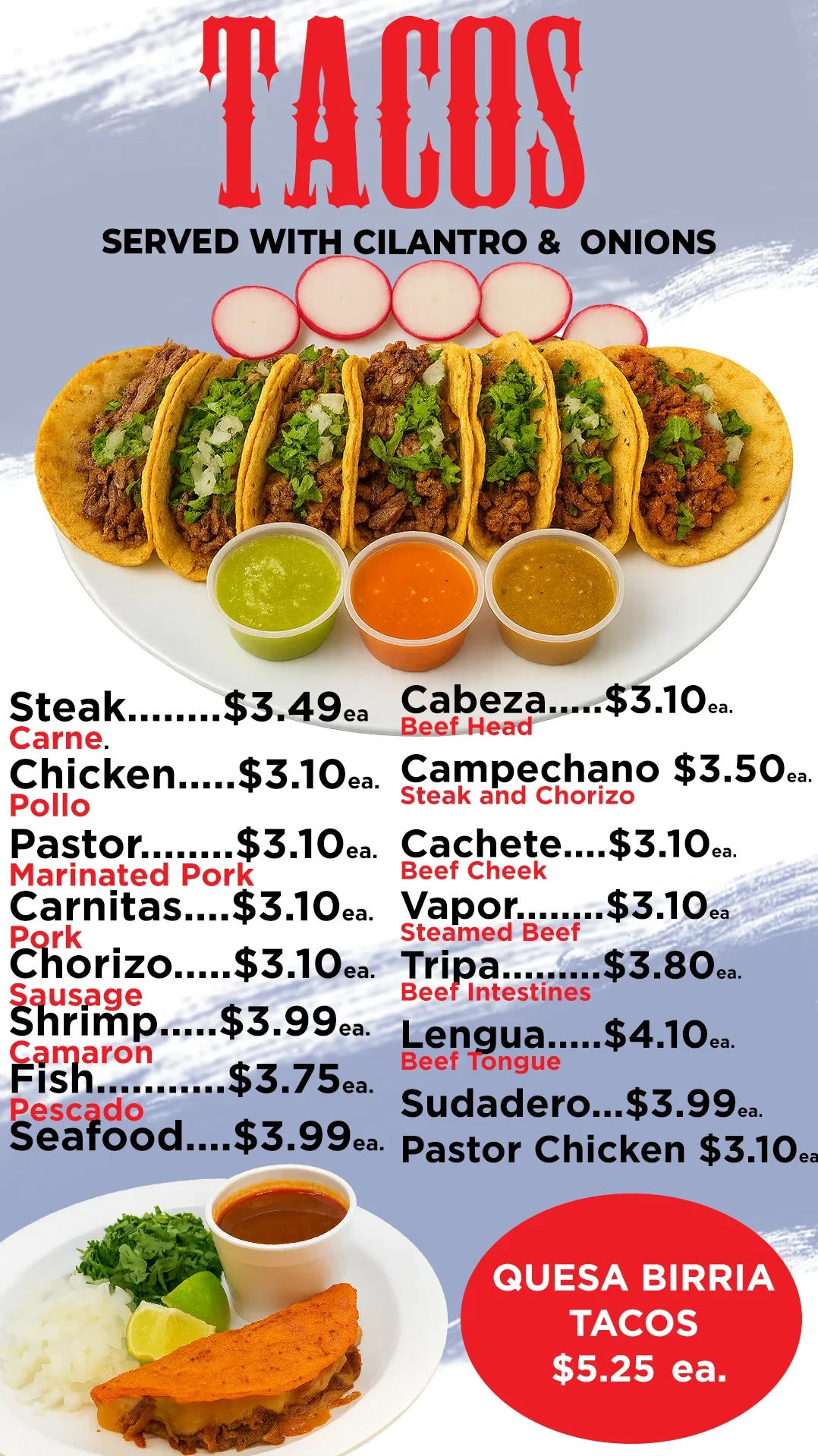 Authentic Mexican tacos served with cilantro and onions