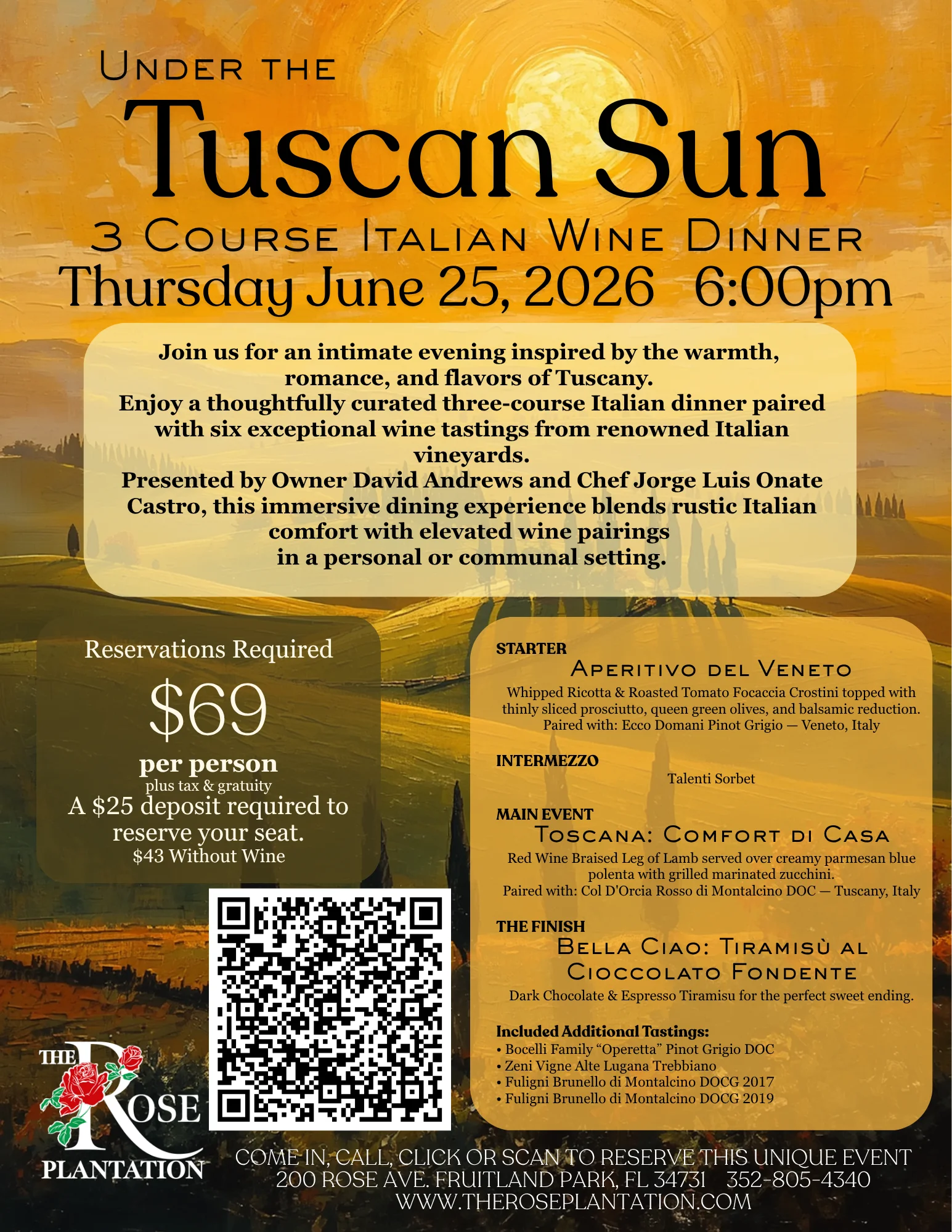 Event flyer for Wine dinner at The Rose Plantation.