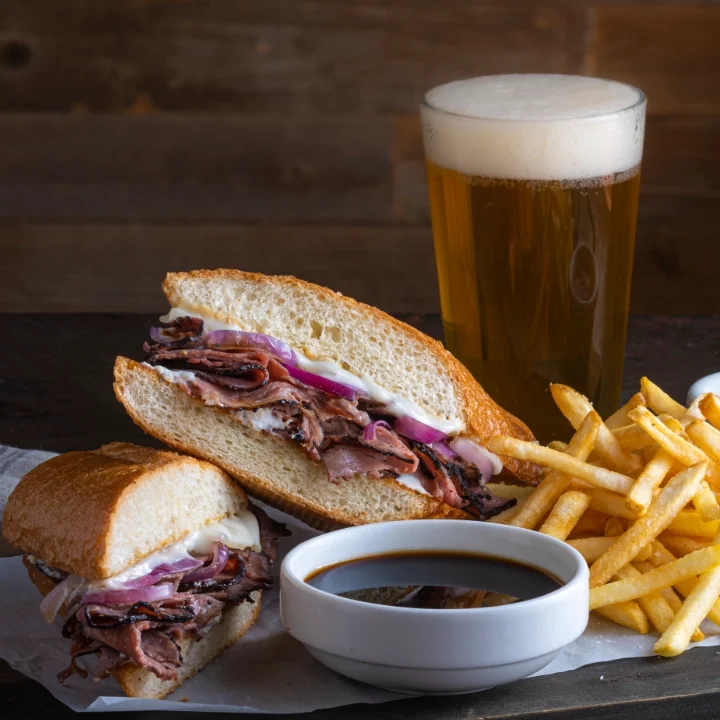 French Dip sandwich and french fries