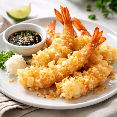 A plate of crispy fried shrimp served with a small bowl of dipping sauce, garnished with lime and fresh herbs.