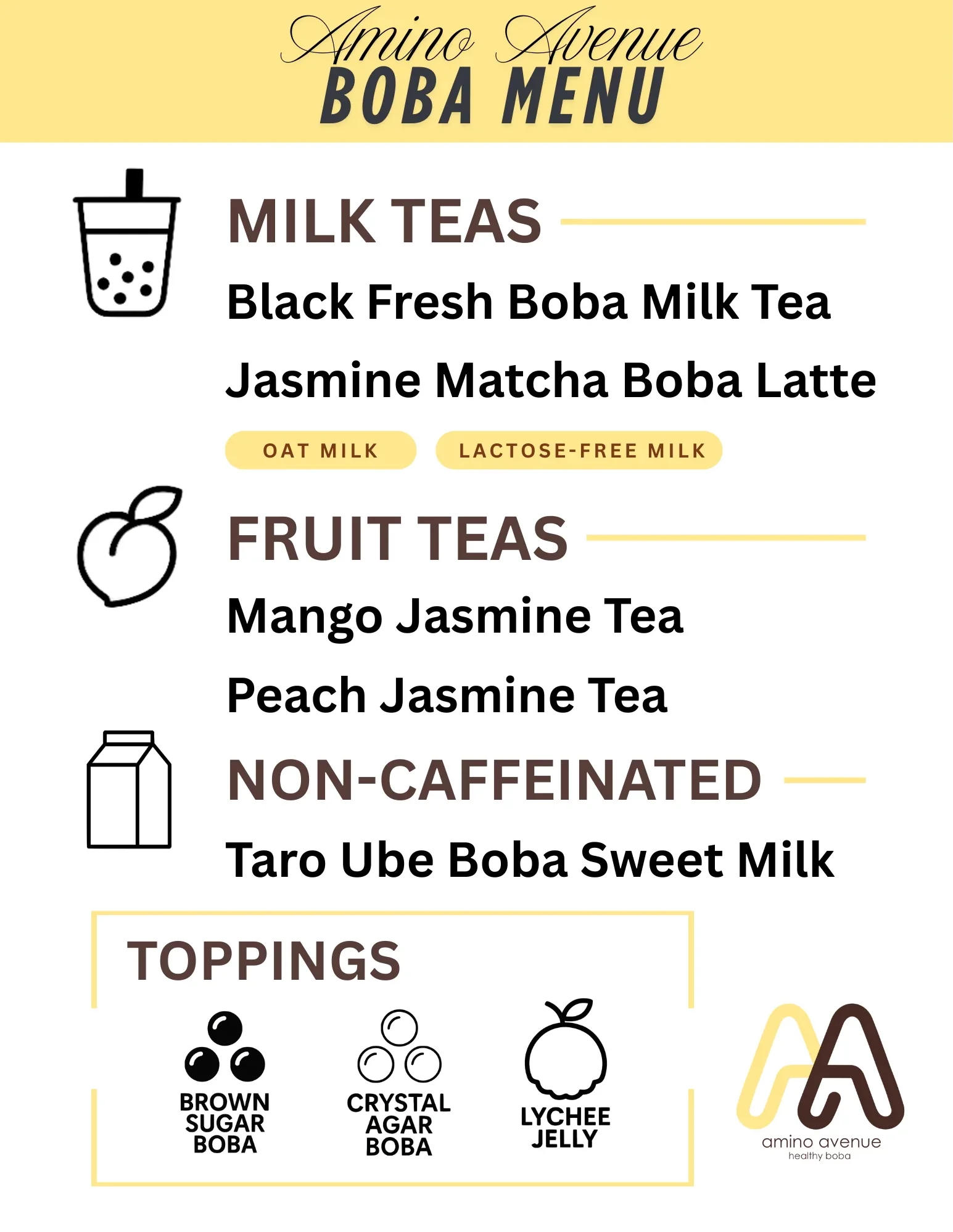 Boba tea menu featuring milk and fruit teas
