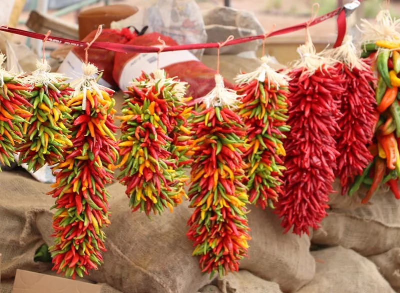 Colorful hanging chili peppers in a market