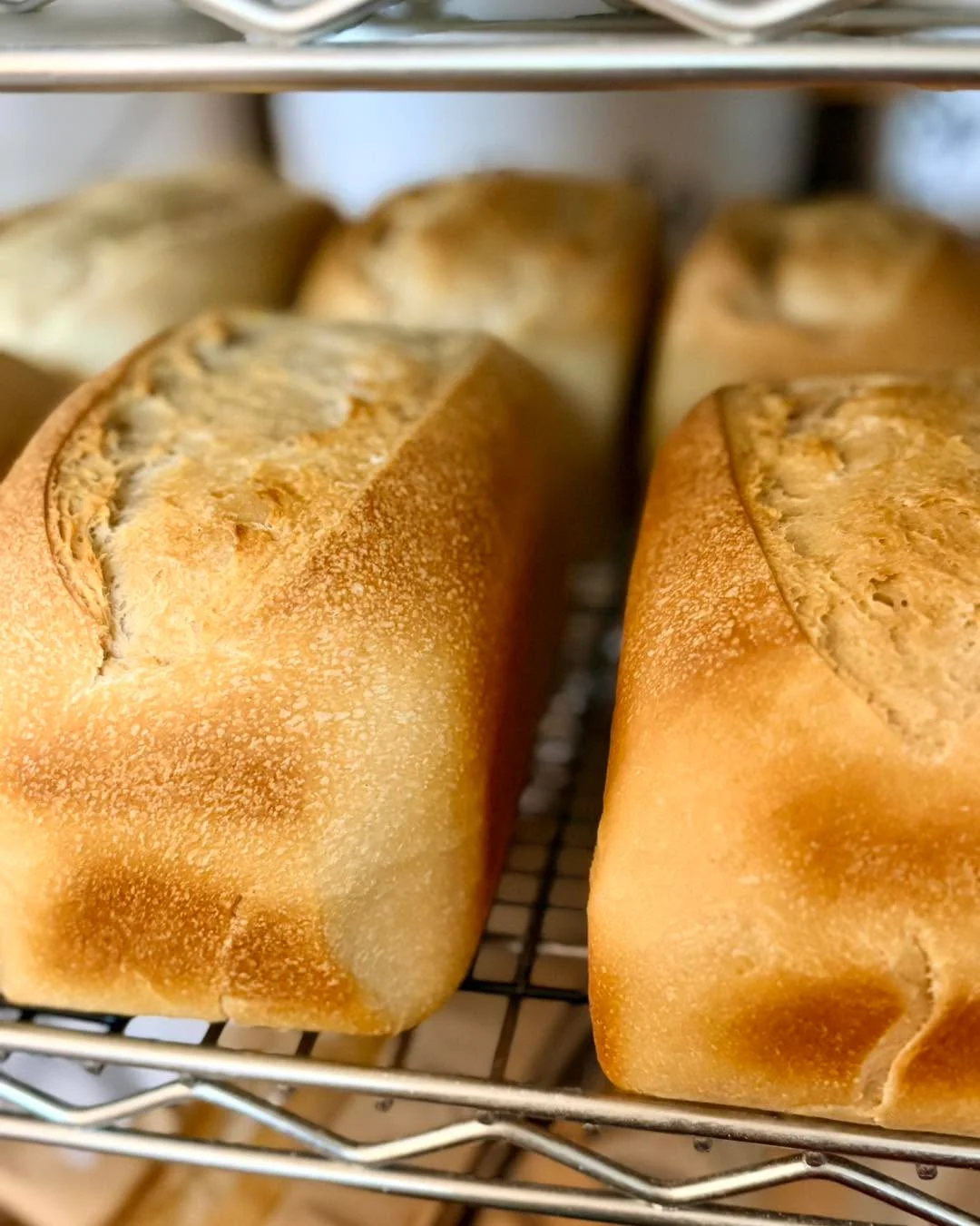 Several loaves of freshly baked bread resting on a cooling rack, showcasing a golden-brown crust.
