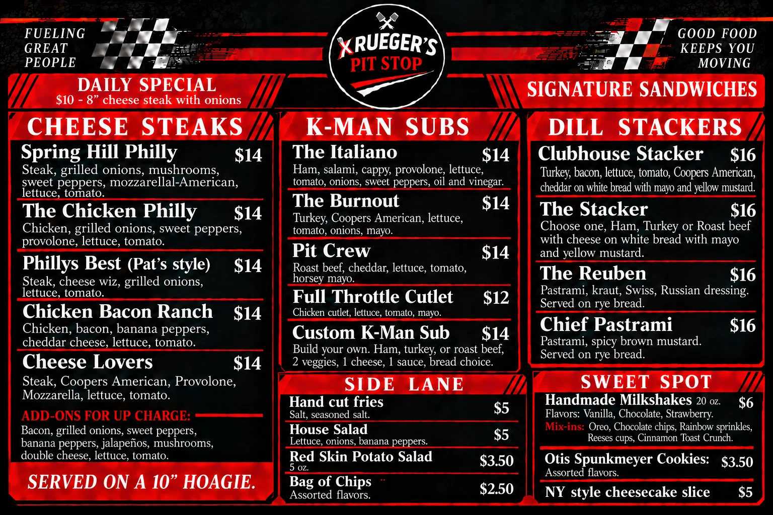 Menu board featuring a variety of sandwiches and sides at a casual eatery