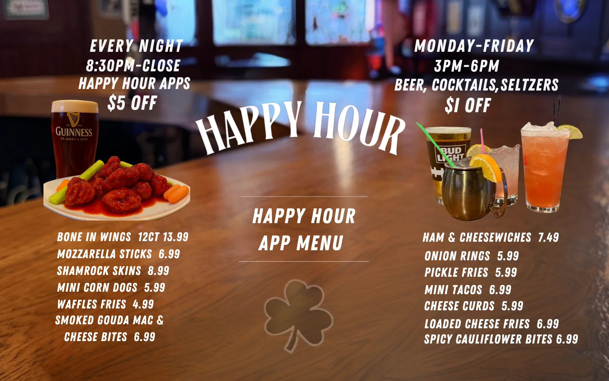 Happy hour menu featuring appetizers and drinks at a lively pub