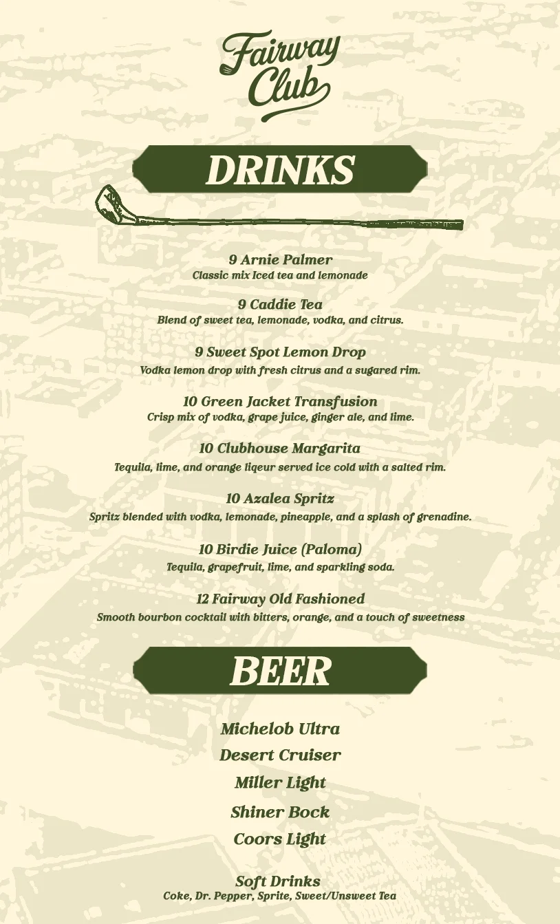Menu featuring burgers and appetizers at Fairway Club.