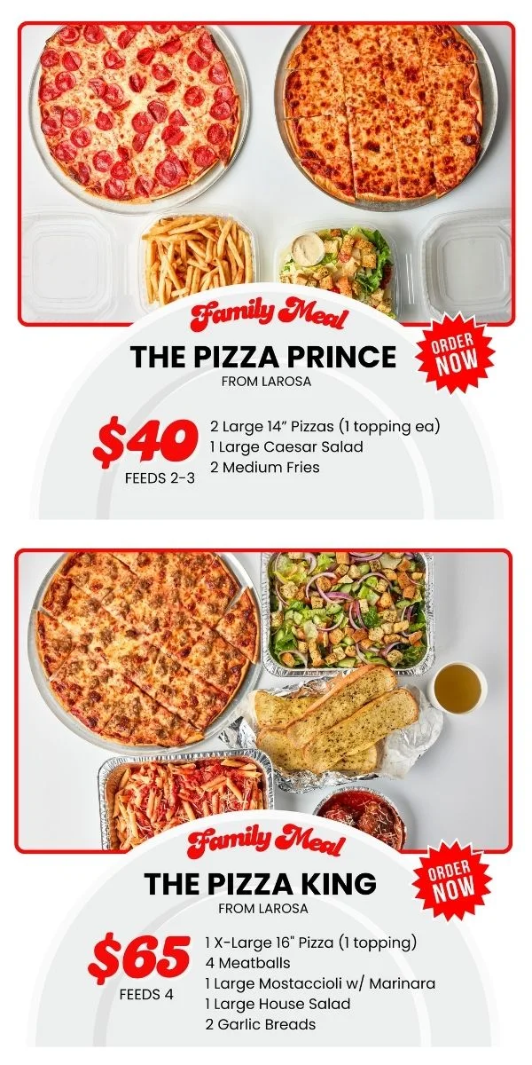 Family meal featuring pizza and pasta from an Italian restaurant