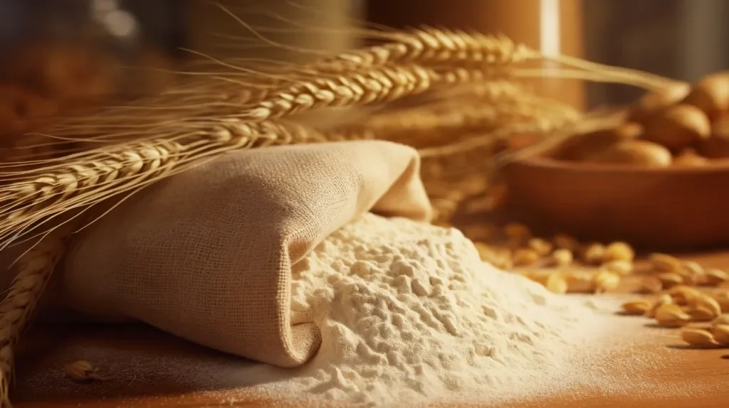 Sack of flour with wheat stalks and almonds on a wooden surface