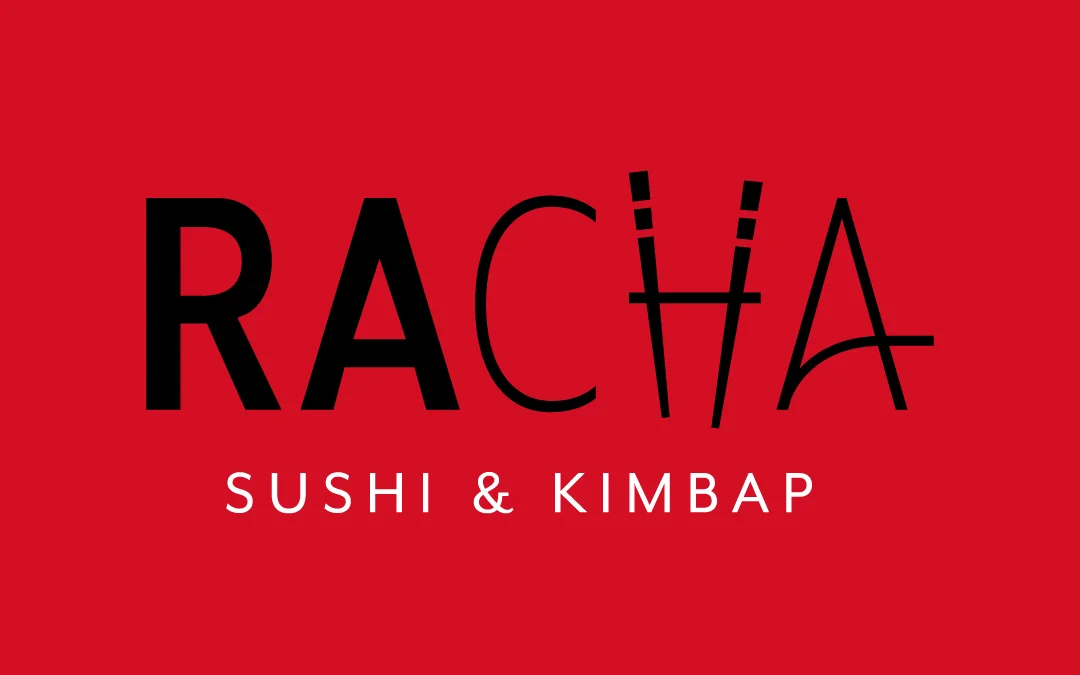 Logo of Racha Sushi & Kimbap restaurant on a red background