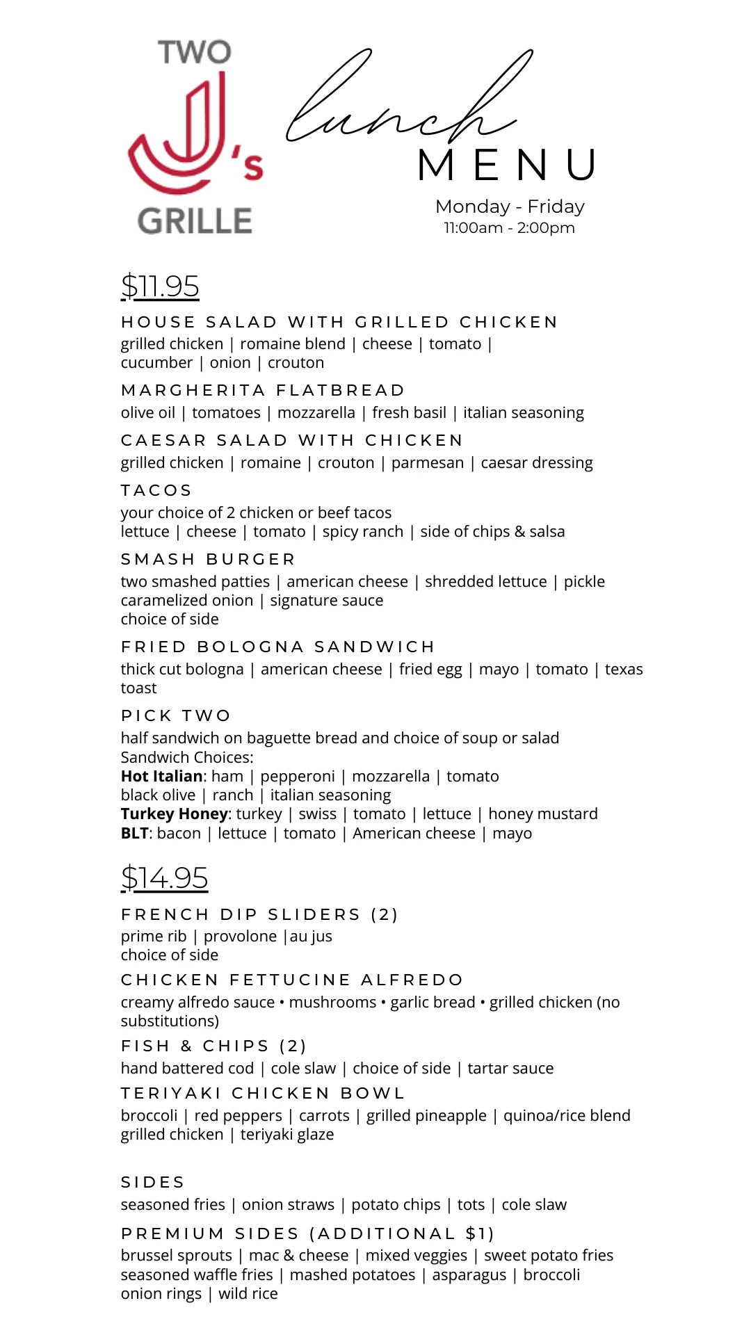 Lunch menu featuring diverse American dishes
