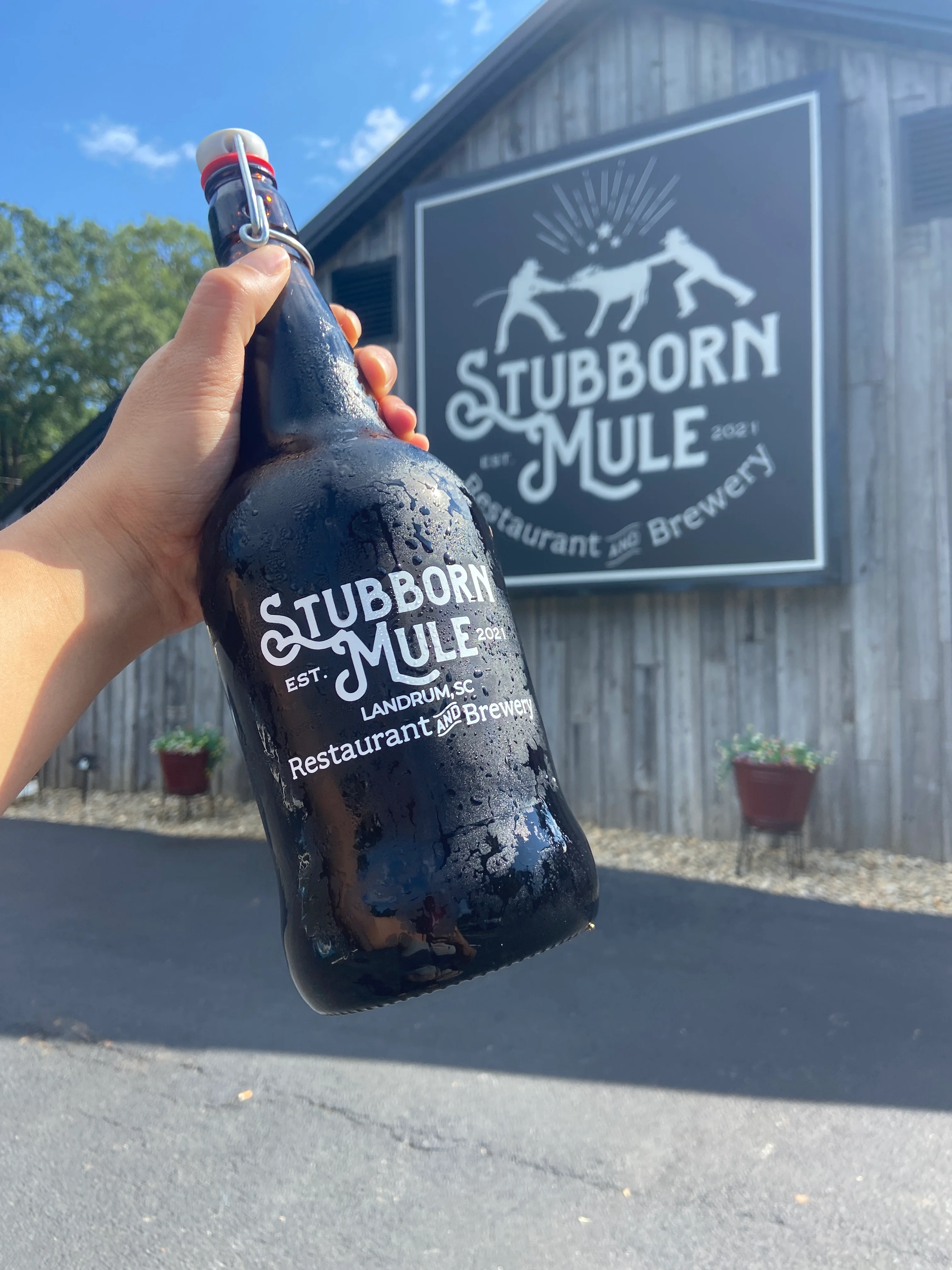Hand holding a growler from Stubborn Mule Brewery in Landrum, SC