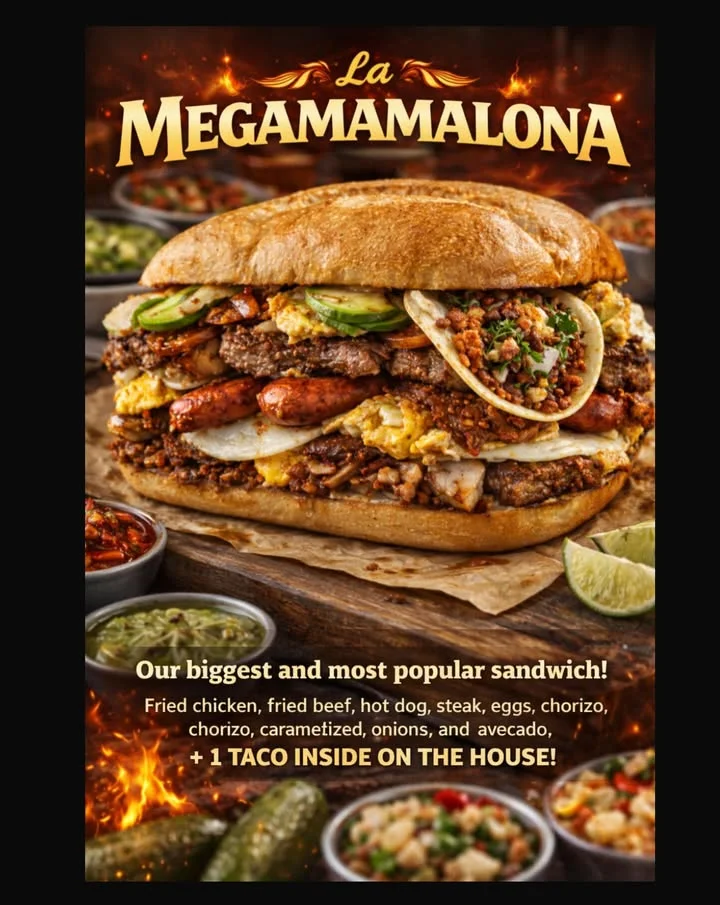 A large sandwich filled with a variety of meats, eggs, and vegetables, presented with sides of sauces and lime wedges.