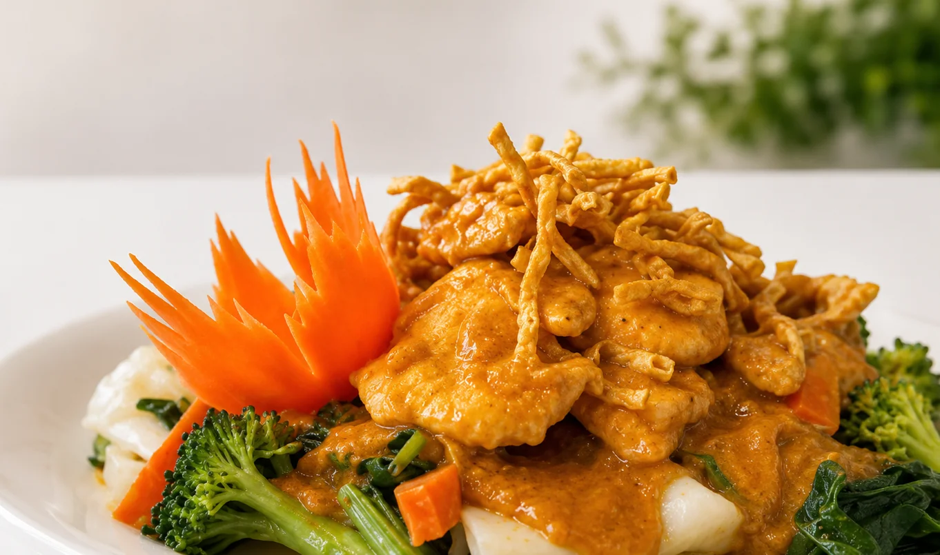 Bowl of Malaysian laksa with noodles and herbs