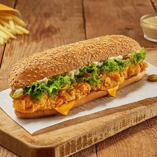 A sandwich filled with crispy chicken tenders, topped with lettuce and jalapeños, served on a sesame seed bun.