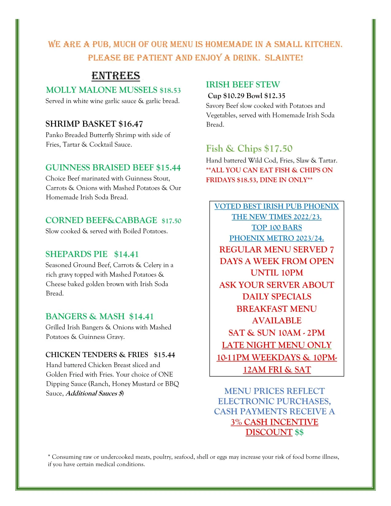 Irish pub menu featuring traditional dishes