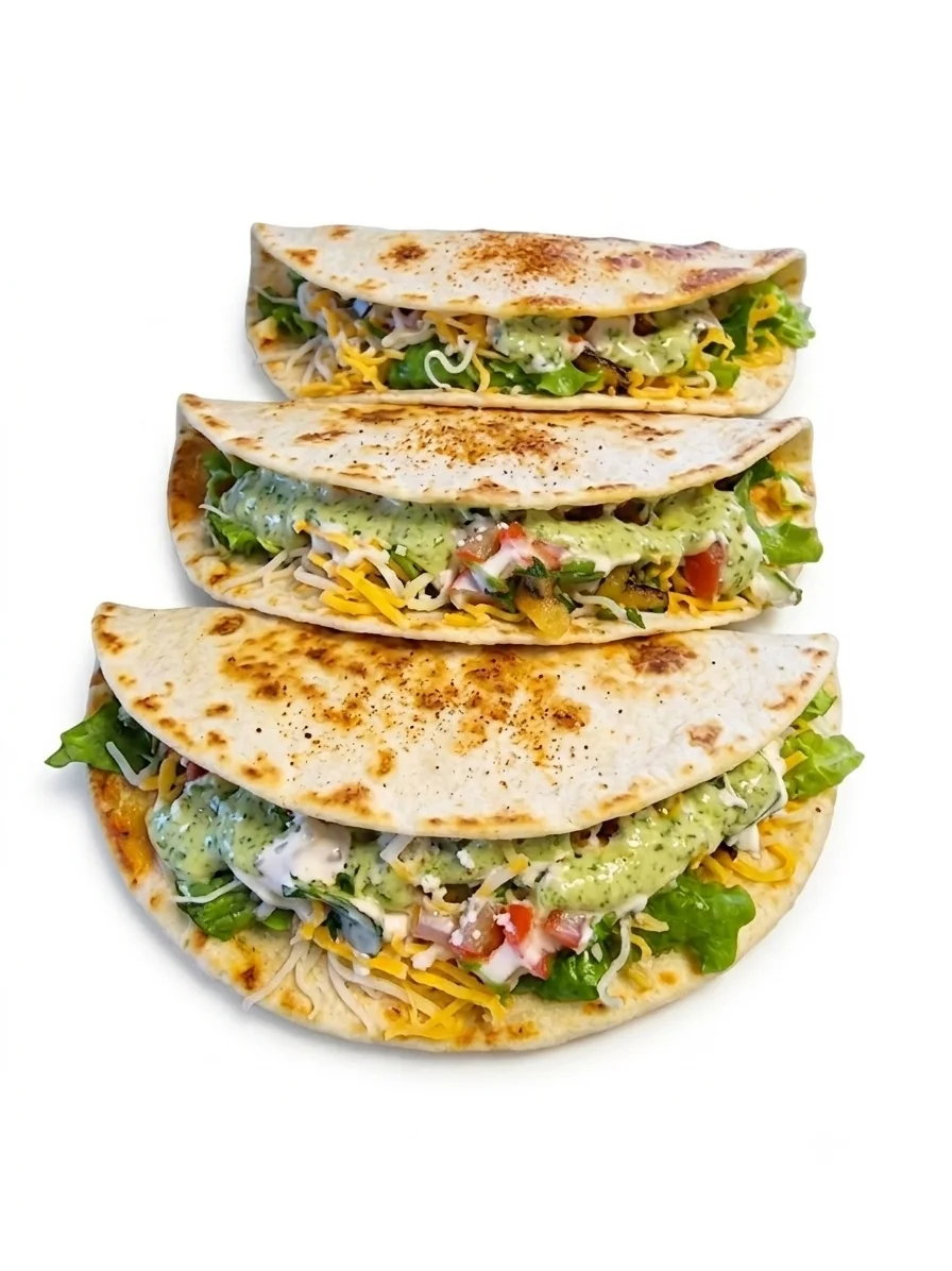 Three folded tortillas filled with lettuce, cheese, and a creamy sauce, arranged neatly on a white background.