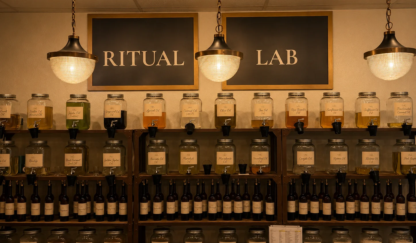 Warm editorial photograph of a Magnolia Ritual candle surrounded by natural textiles, botanical elements, and handcrafted home fragrance products inside Magnolia Ritual Texas Apothecary.