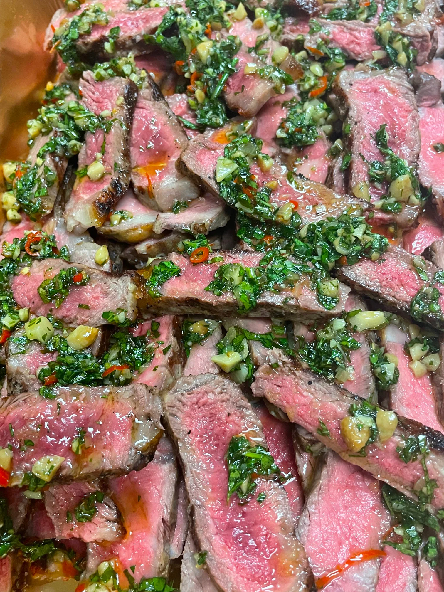 Strips of medium rare steak