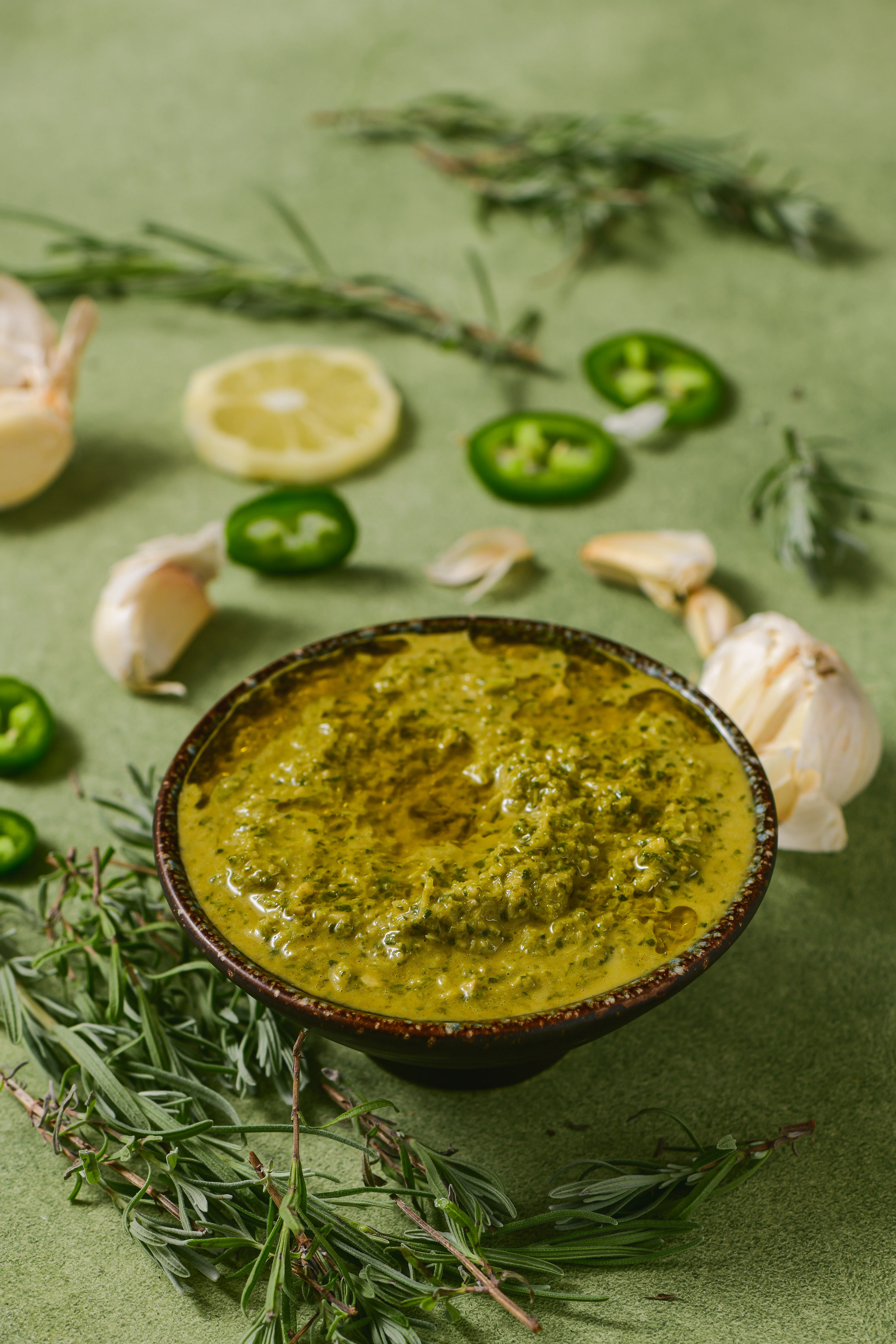 Fresh green chimichurri sauce in a bowl