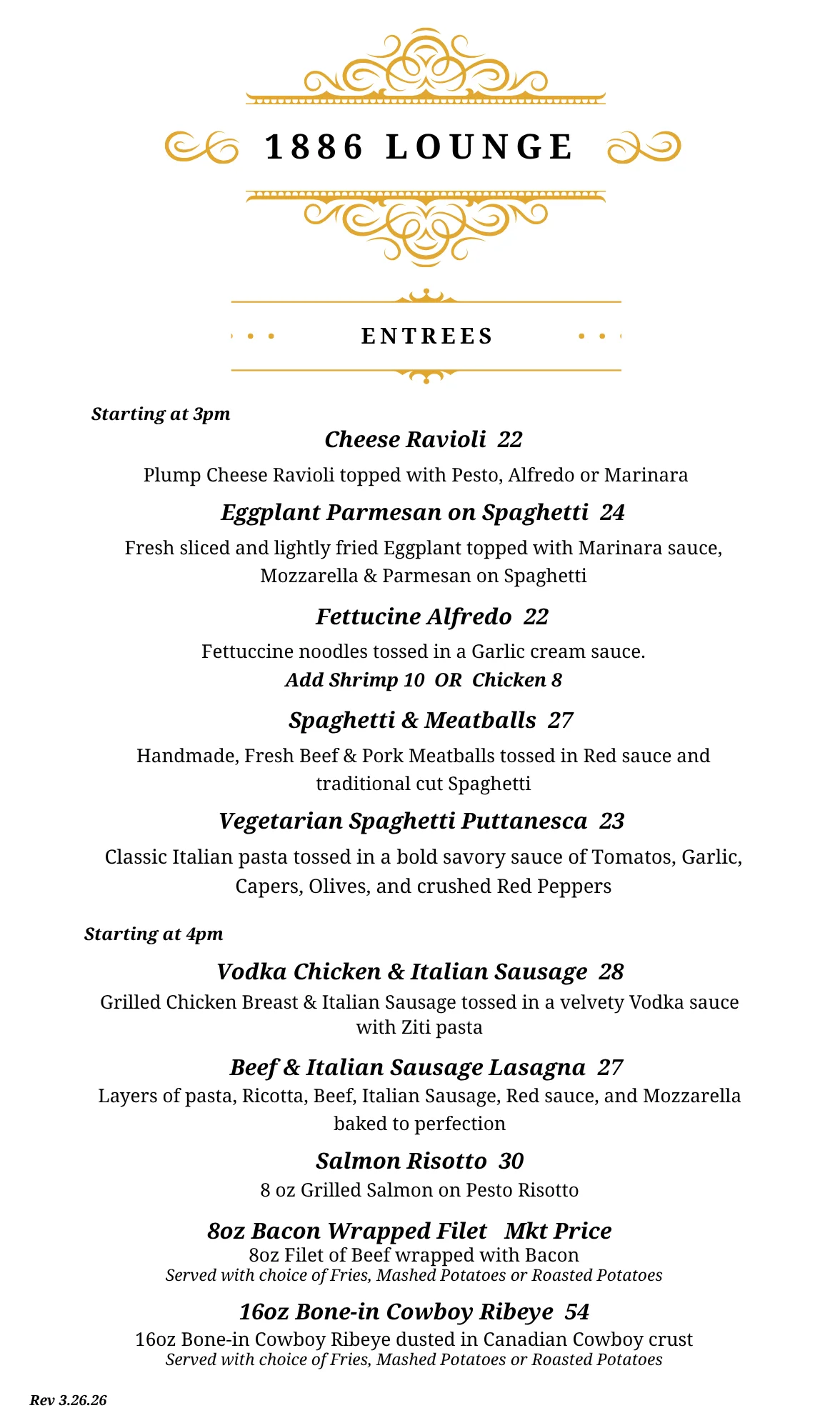 Delicious gourmet dishes served at 1886 Lounge
