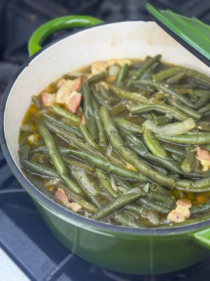 Southern-style green beans simmering in a pot