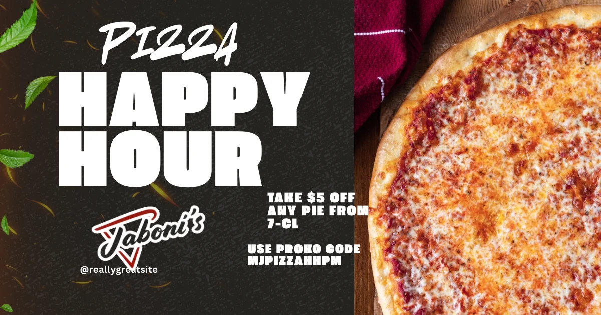 Late night pizza special promotional post with red and beige typography.