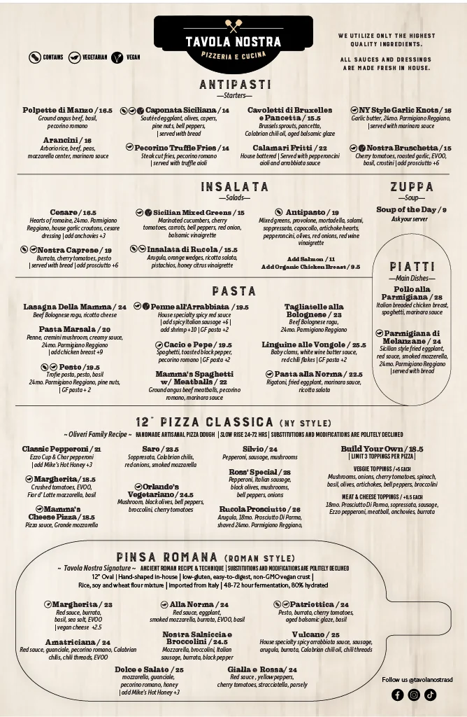Menu of Italian pizzeria featuring classic dishes and specialties