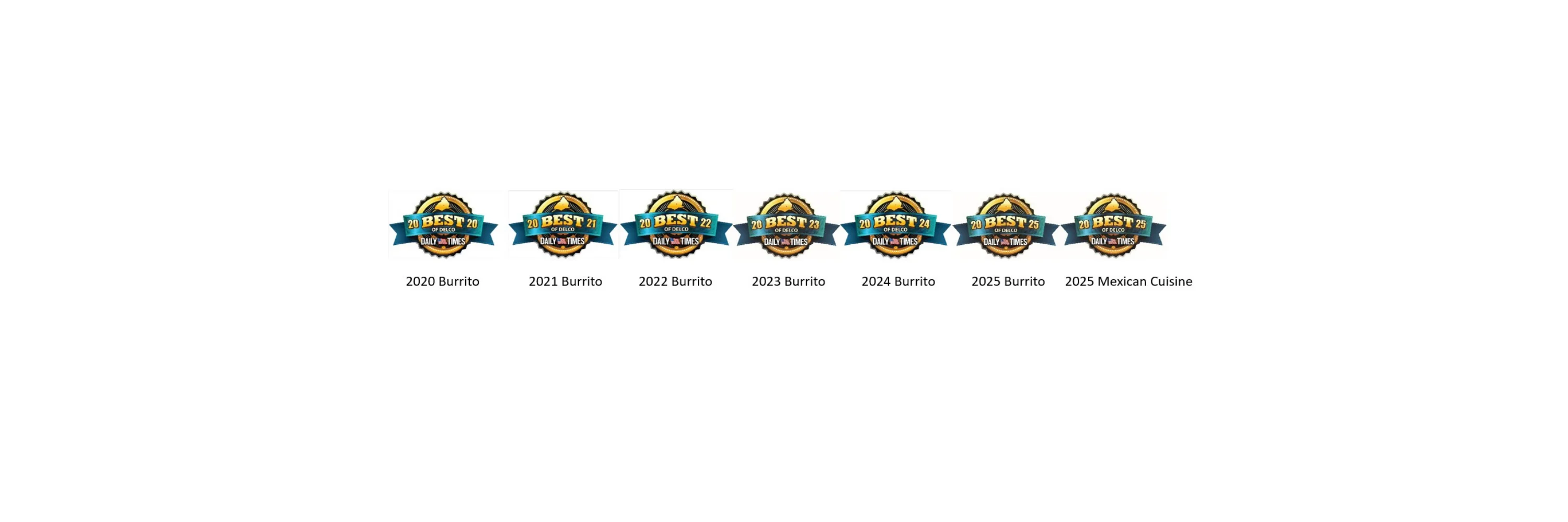 Award badges for best burrito and Mexican cuisine from 2020 to 2025