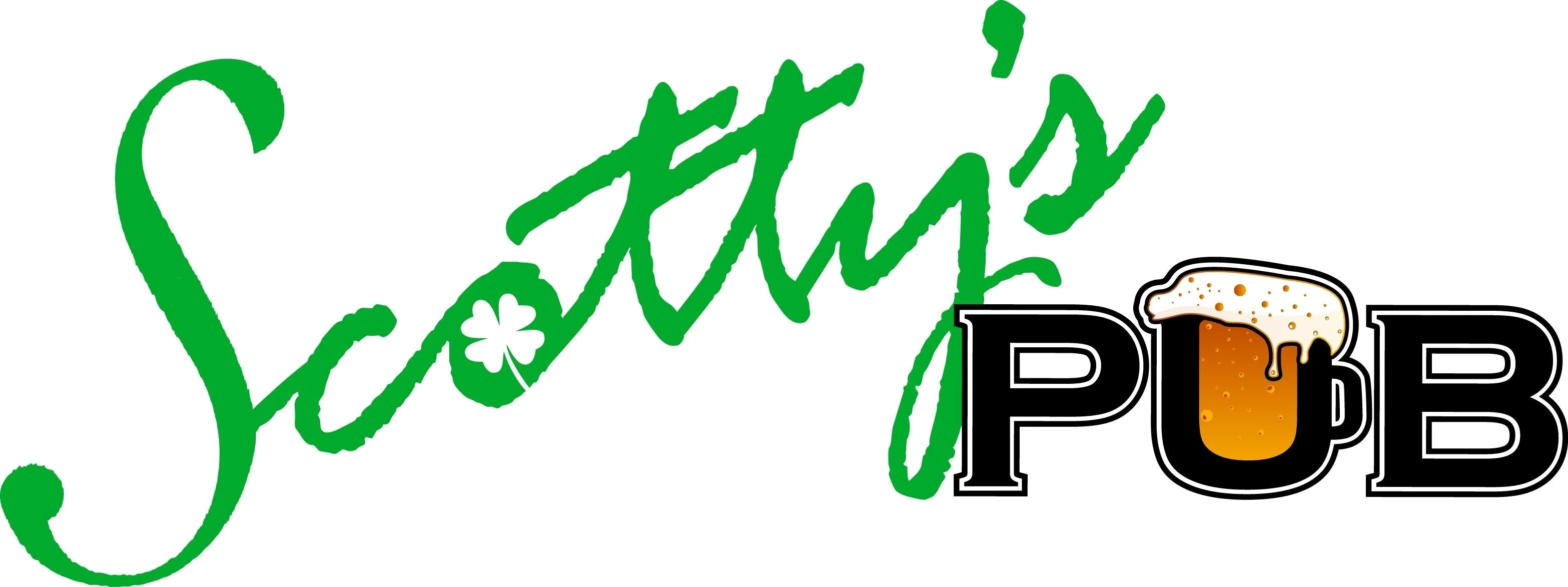 Logo of Scotty's Pub featuring a beer mug and green lettering