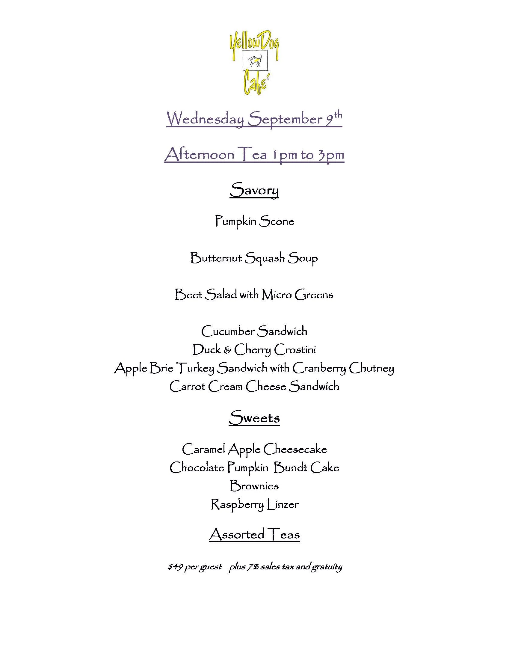 Afternoon tea menu featuring savory and sweet dishes