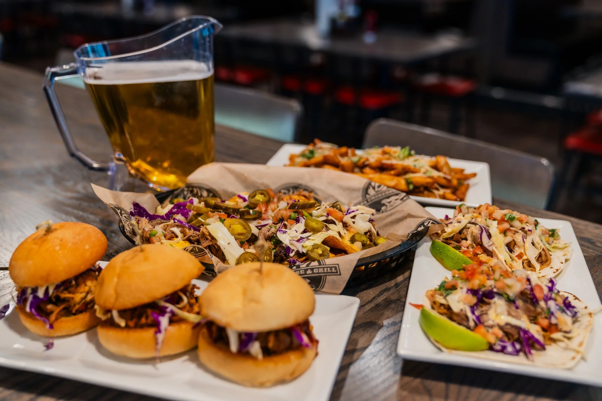 Bones BBQ Pulled Pork Sliders, Nachos, Truffle Fries