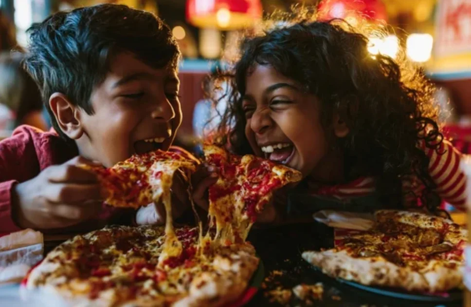 Kids enjoying cheesy pepperoni pizza at a lively restaurant
