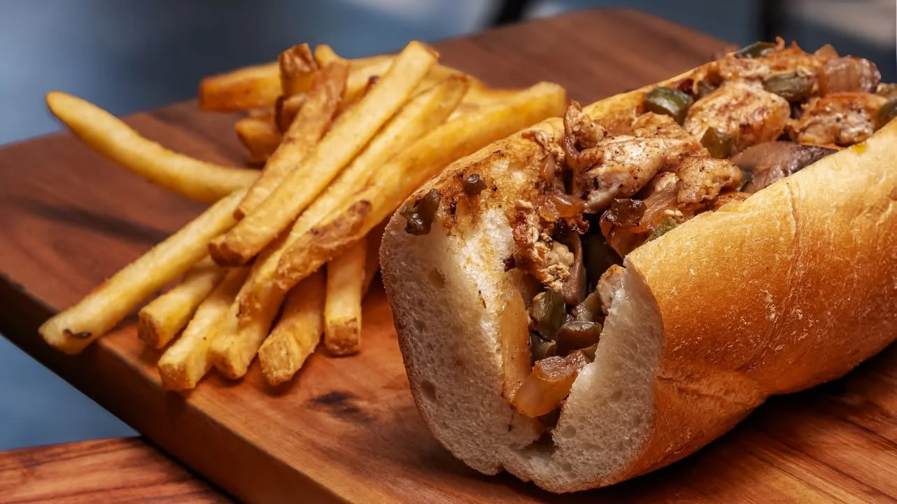 A sandwich filled with shredded meat, accompanied by a side of crispy French fries. The sandwich is served in a paper-lined basket.