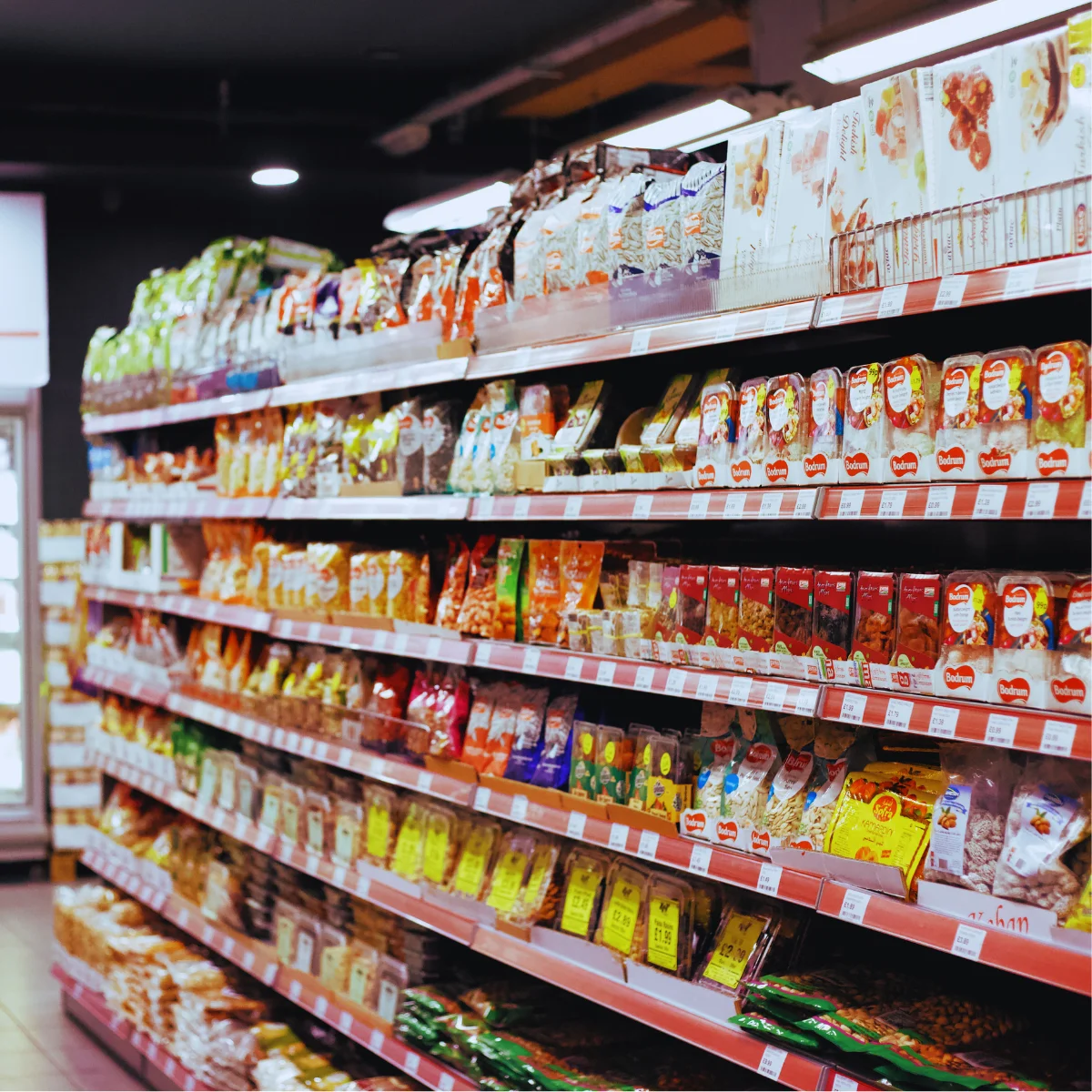 Aisle filled with colorful snack packages in a grocery store