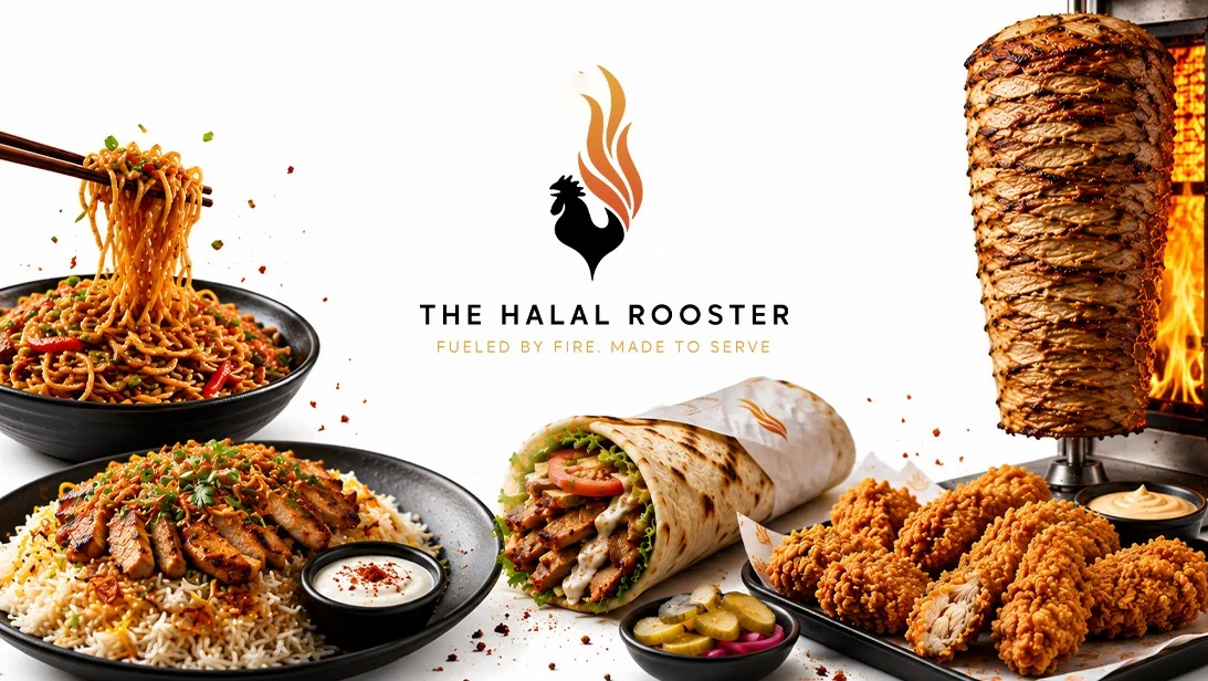 A variety of delicious dishes on display including grilled meat, rice, noodles, and fried chicken, showcased with vibrant colors.