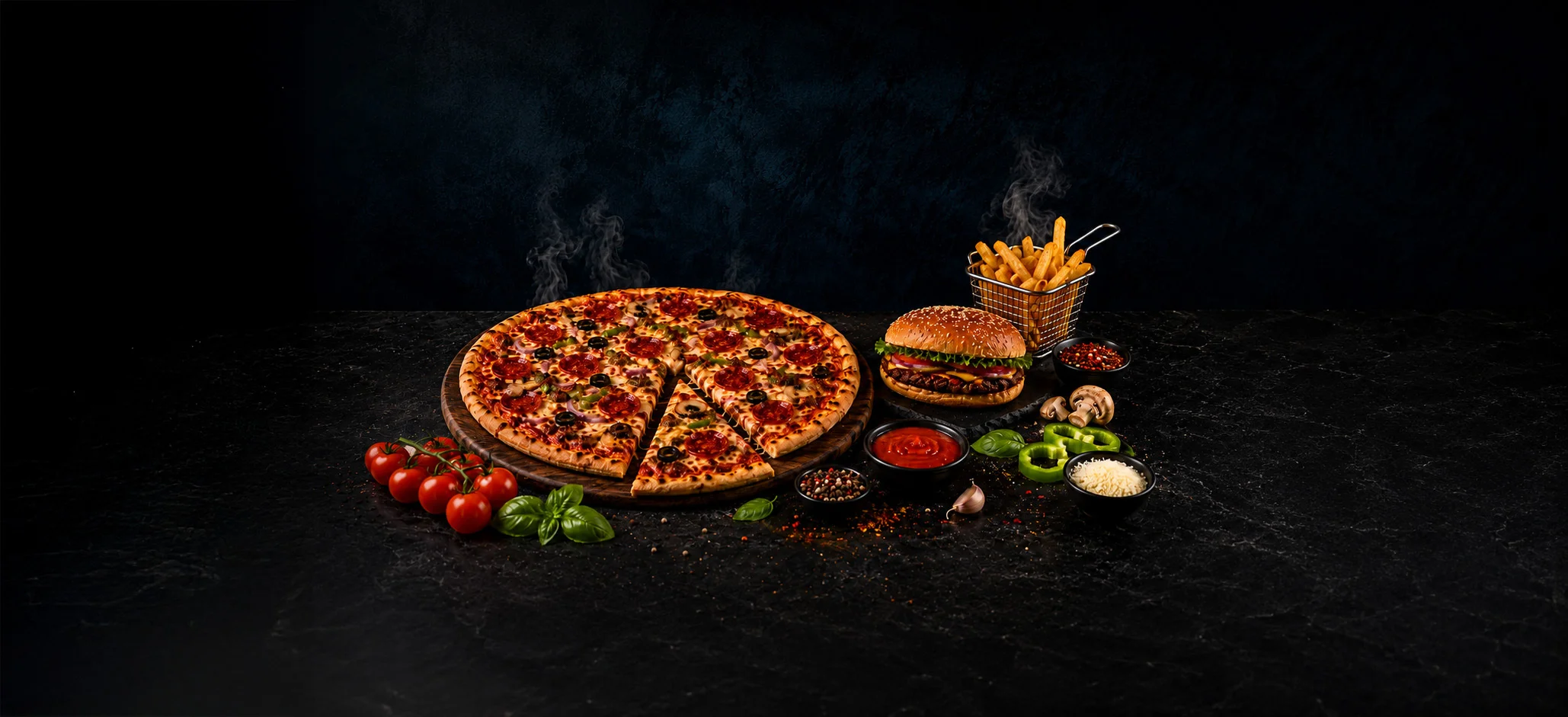 Delicious pepperoni pizza and burger with fries on a dark background