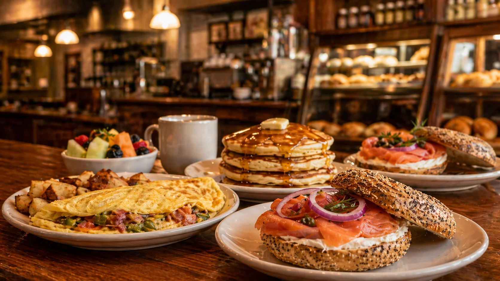 Classic American breakfast with pancakes and bagels