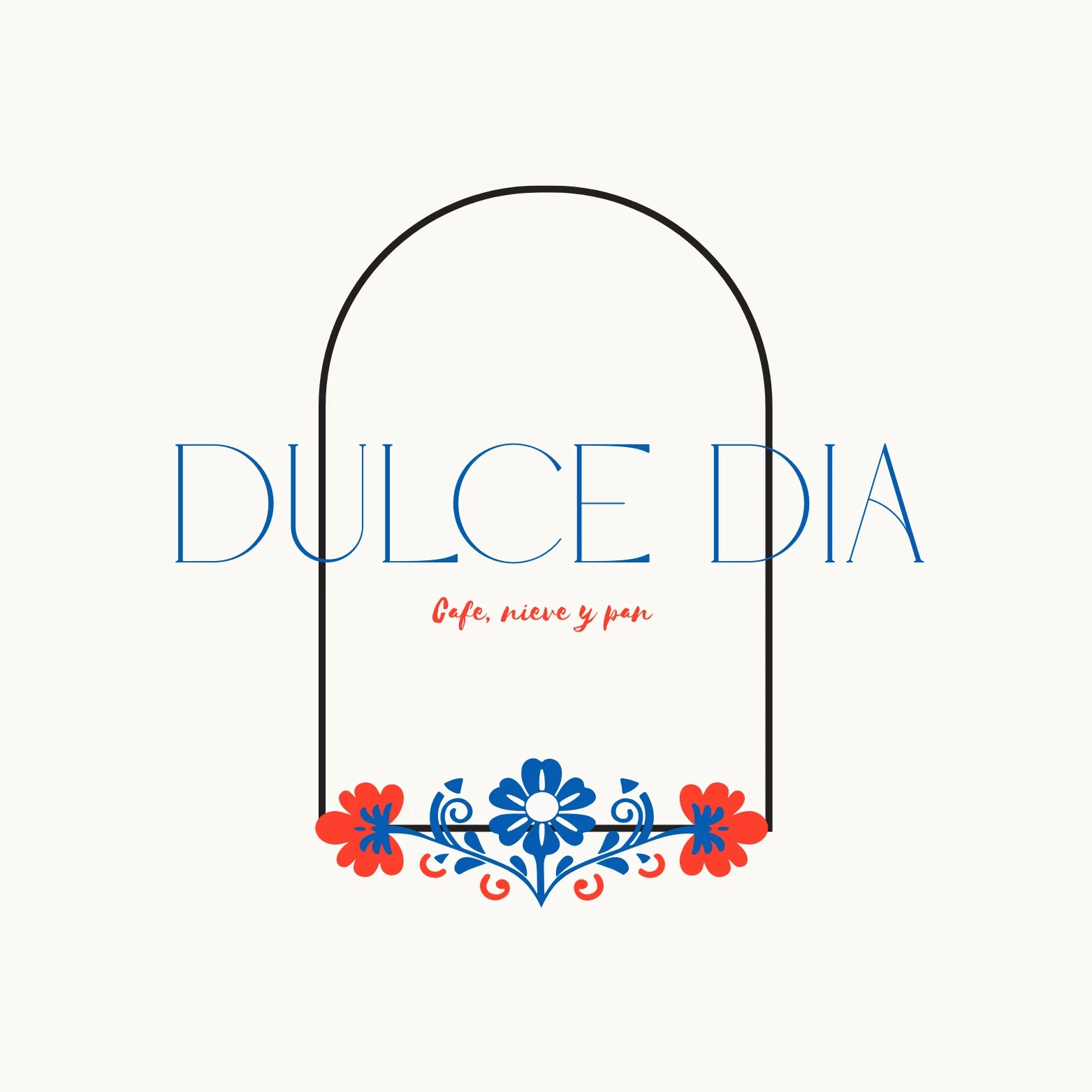 A decorative logo featuring stylized floral elements in red and blue. The text reads 'Dulce Dia' along with a tagline about cafe, ice cream, and bread.