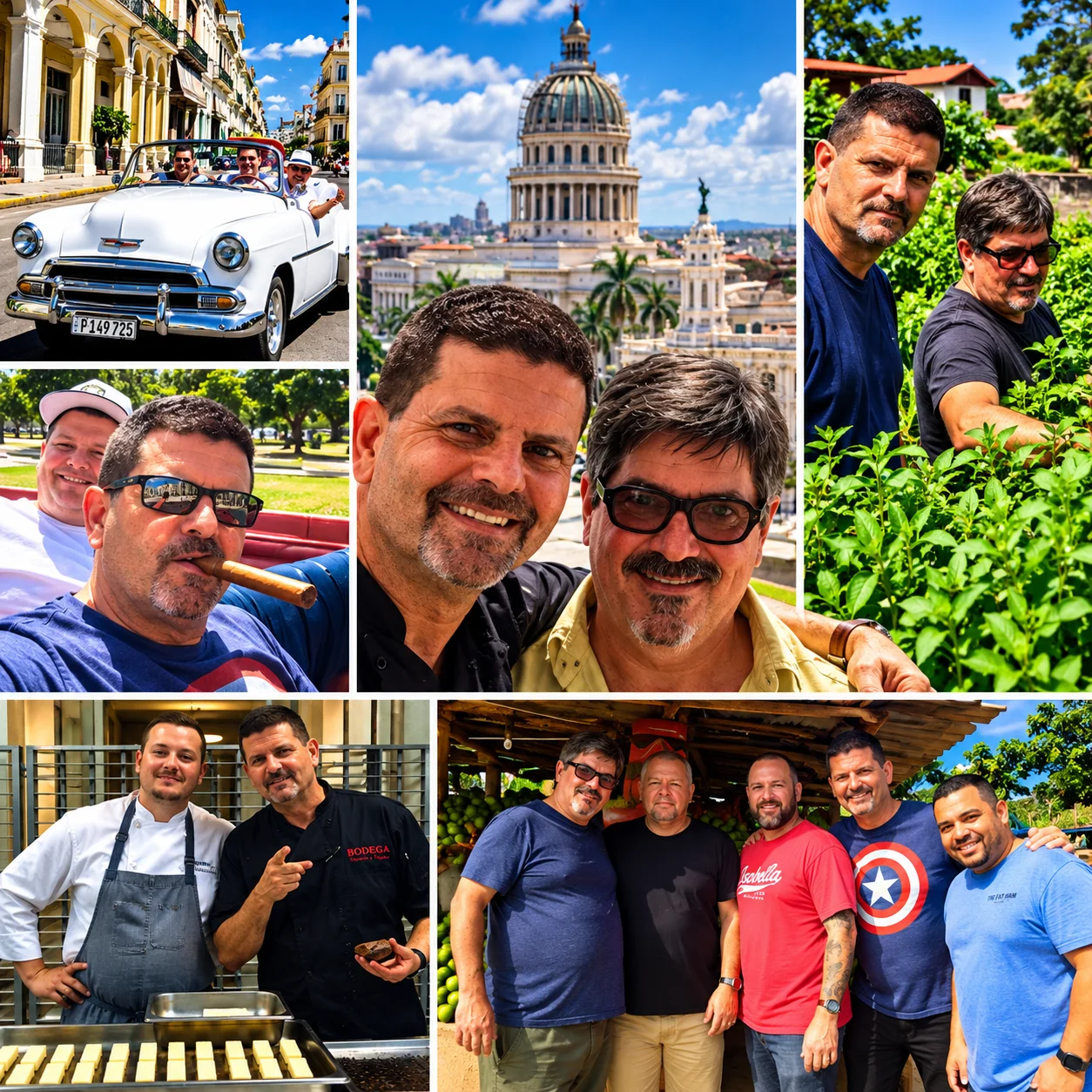 Restaurant team collage featuring Havana streets, vintage car, Capitol dome, and culinary scenes