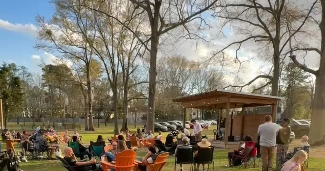 Outdoor gathering with live music and seating under trees